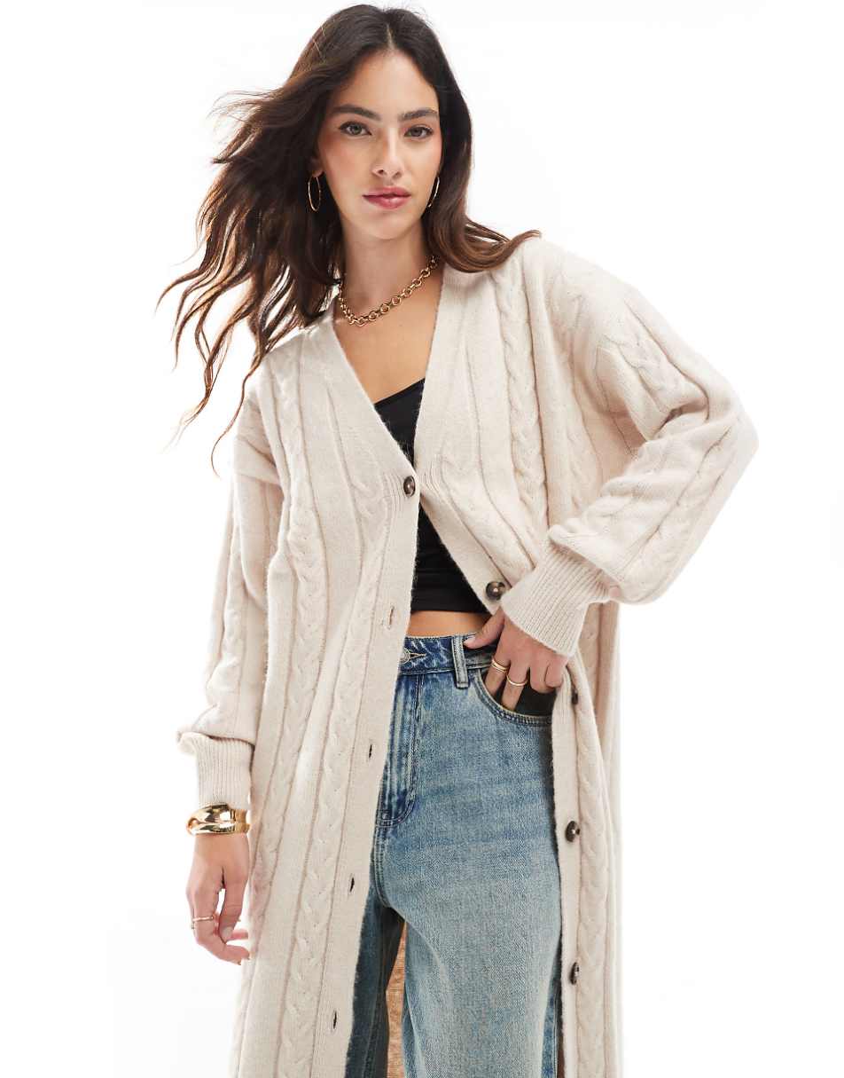 ASOS DESIGN maxi cardigan in cable knit in cream