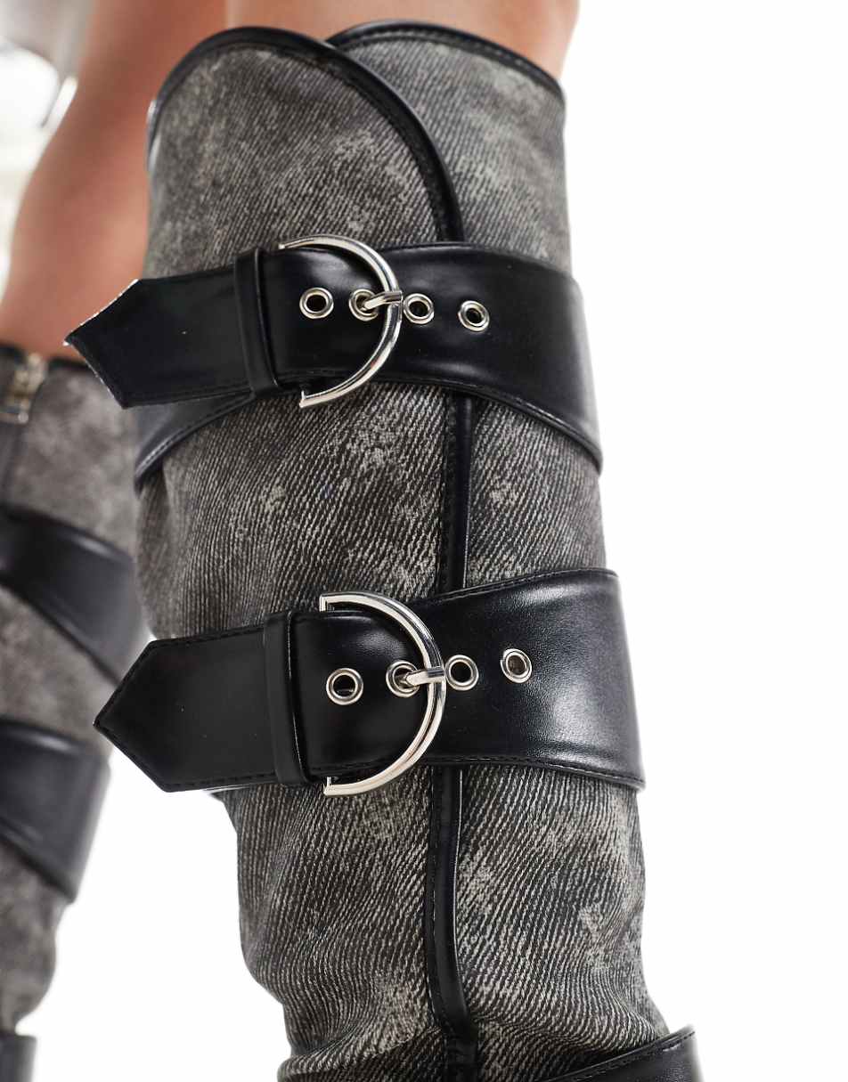 Public Desire Samurai kitten heel knee boots with buckles in black washed denim