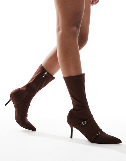 Public Desire Denny heeled pull on Ankle boots with buckles in brown