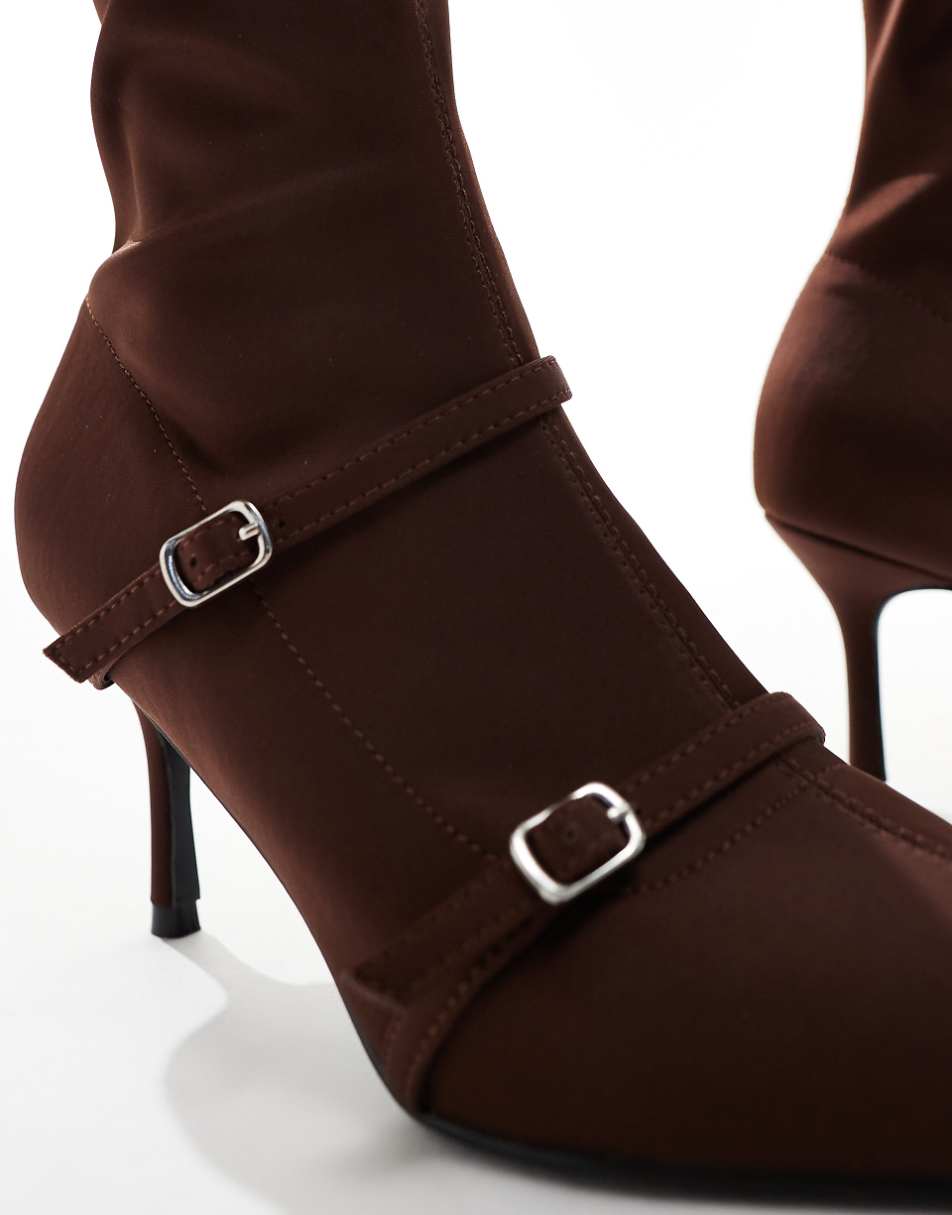 Public Desire Denny heeled pull on Ankle boots with buckles in brown