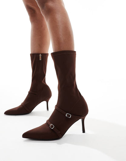 Public Desire Denny heeled pull on Ankle boots with buckles in brown