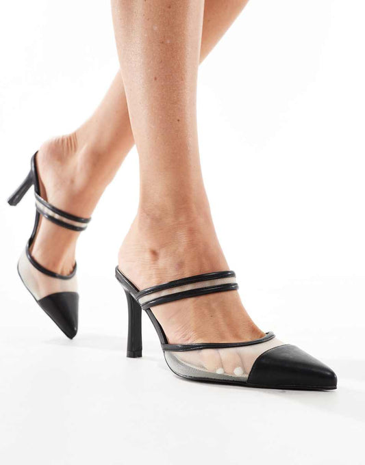 RAID Rasha kitten heel mules in black with mesh inserts