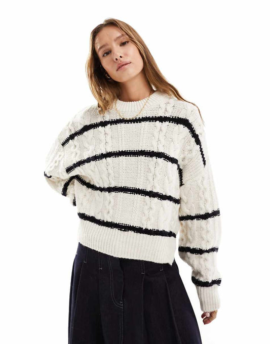 ASOS DESIGN crew neck cable sweater in cream stripe