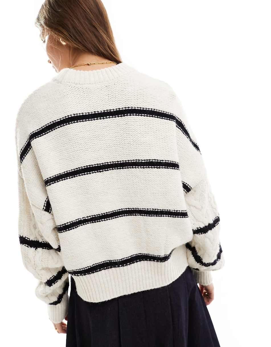 ASOS DESIGN crew neck cable sweater in cream stripe