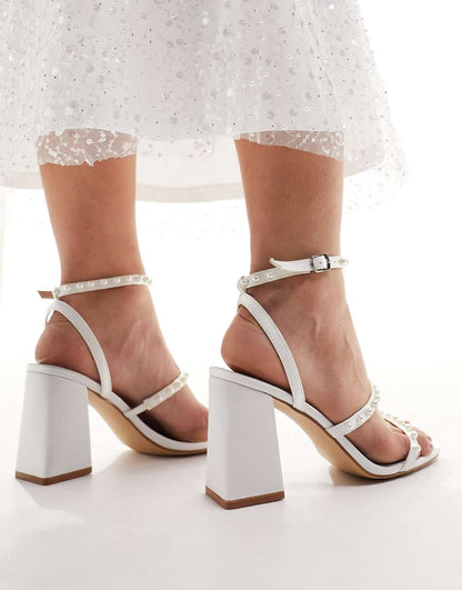 Be Mine Wide Fit Bridal Stella pearl embellished block heel sandals in ivory