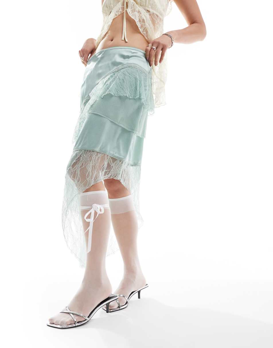 Reclaimed Vintage limited edition midi slip skirt with lace and frill details in mint green