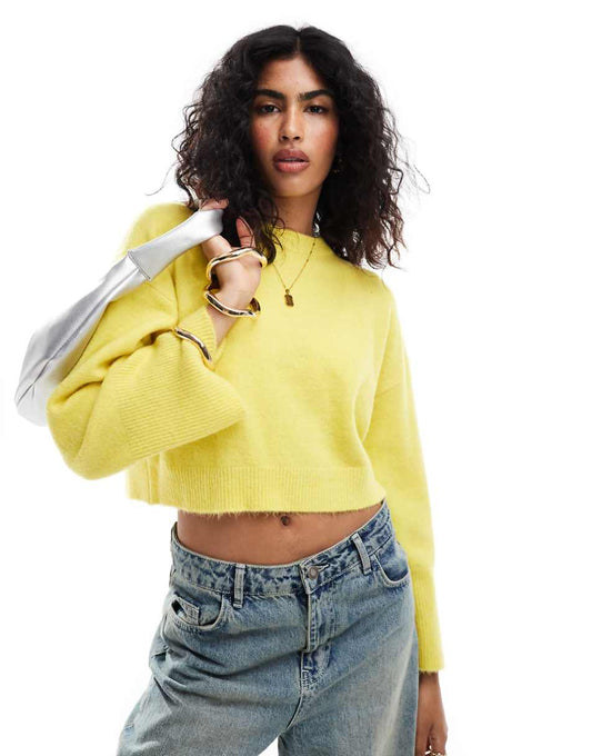 ASOS DESIGN crew neck boxy sweater with wide cuffs in yellow