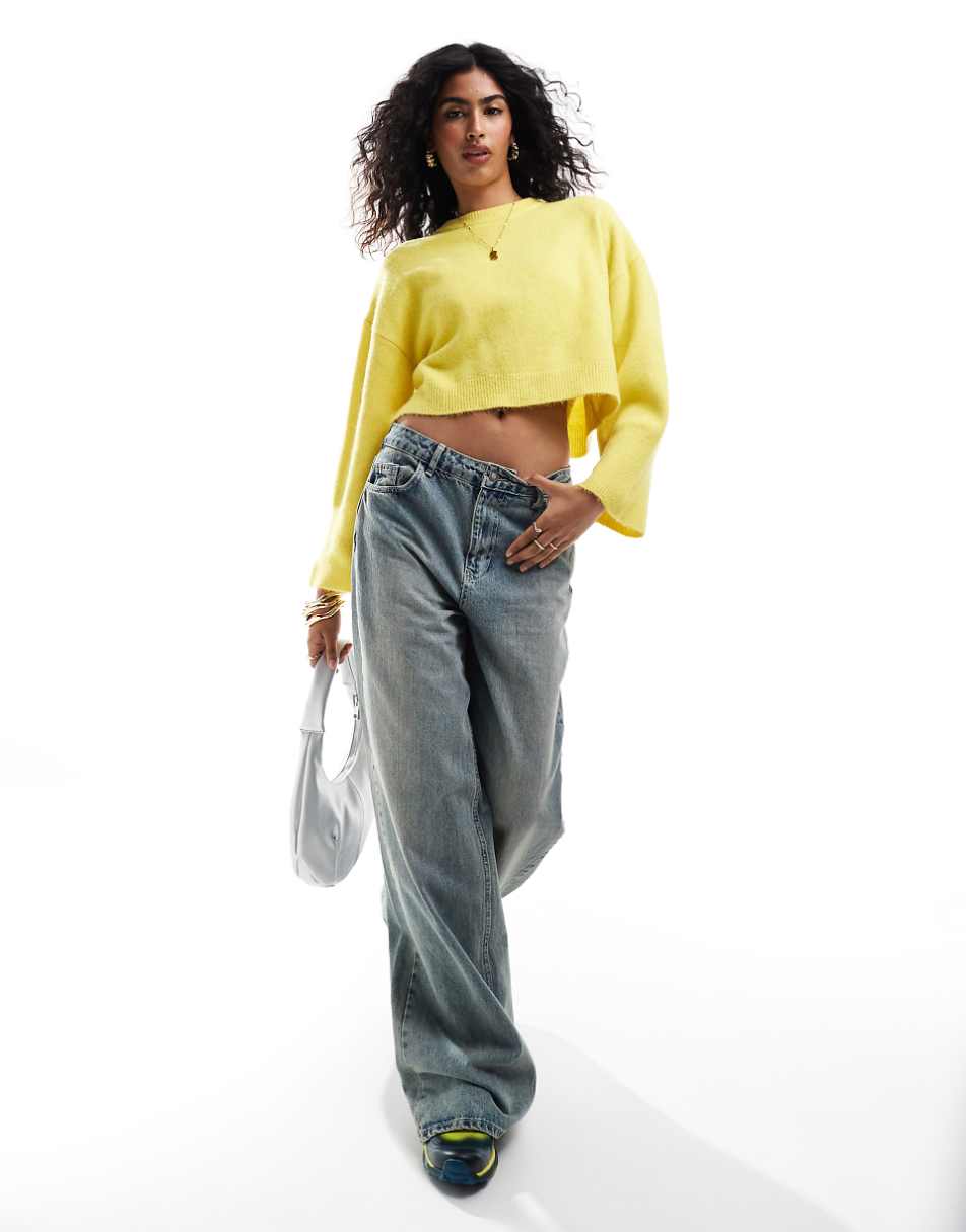 ASOS DESIGN crew neck boxy sweater with wide cuffs in yellow