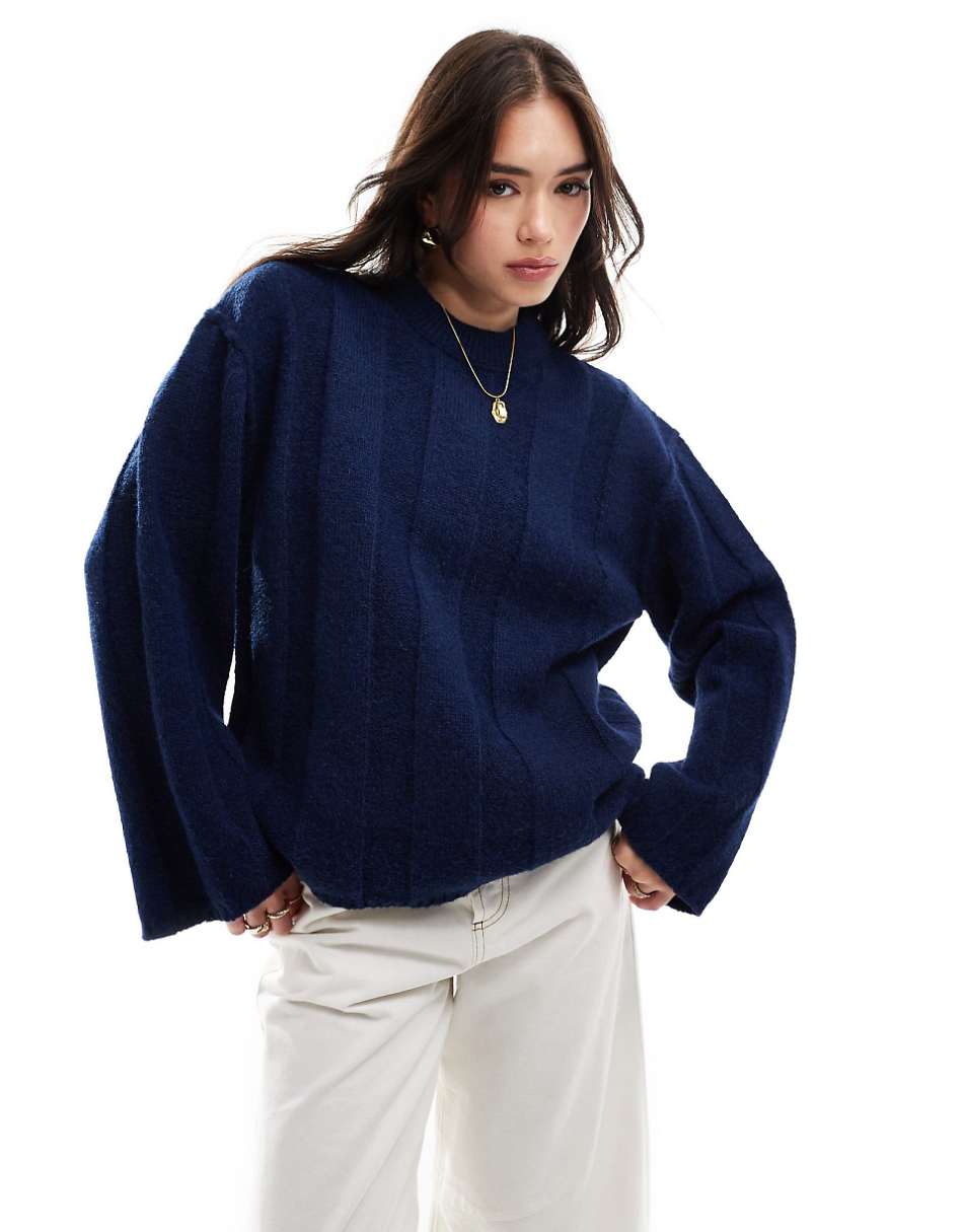 ASOS DESIGN crew neck sweater in wide rib in navy