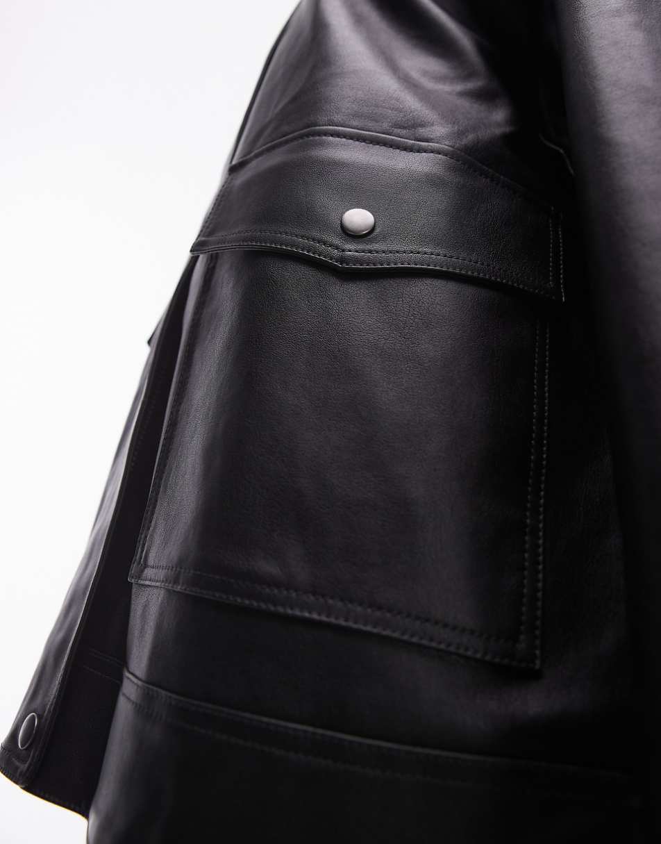 Topshop faux leather zip through 90s jacket with pockets in black