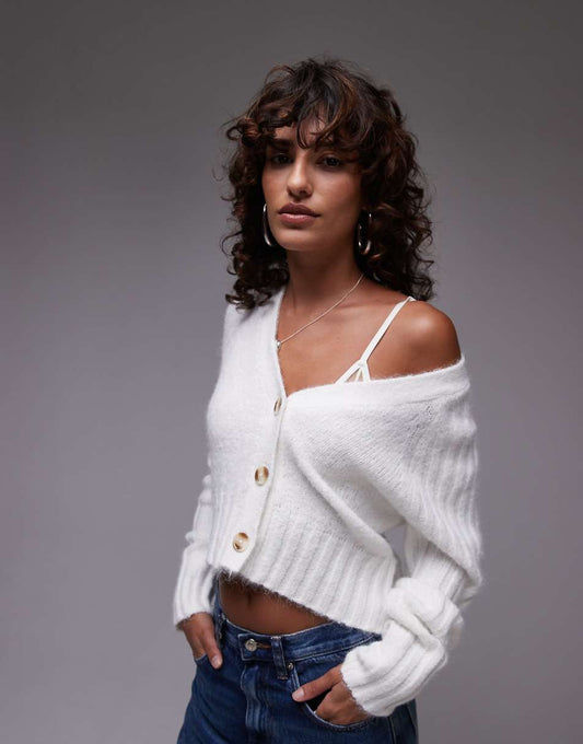 Topshop knitted v-neck rib detail cardi in cream