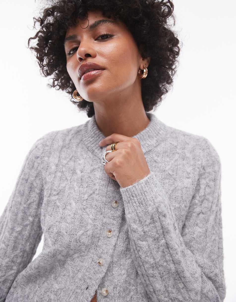 Topshop knit cable micro cardigan in gray