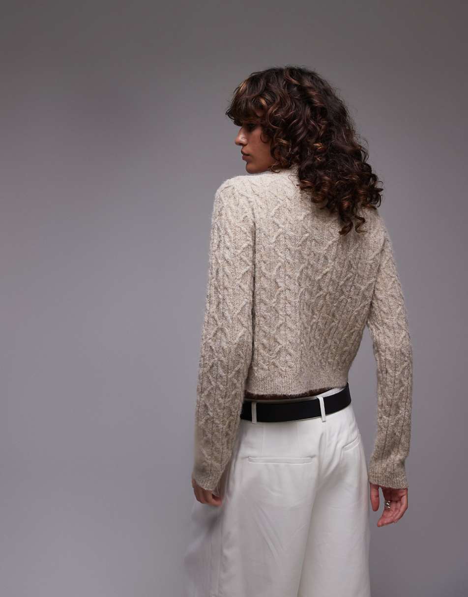 Topshop knit cable micro cardigan in oat