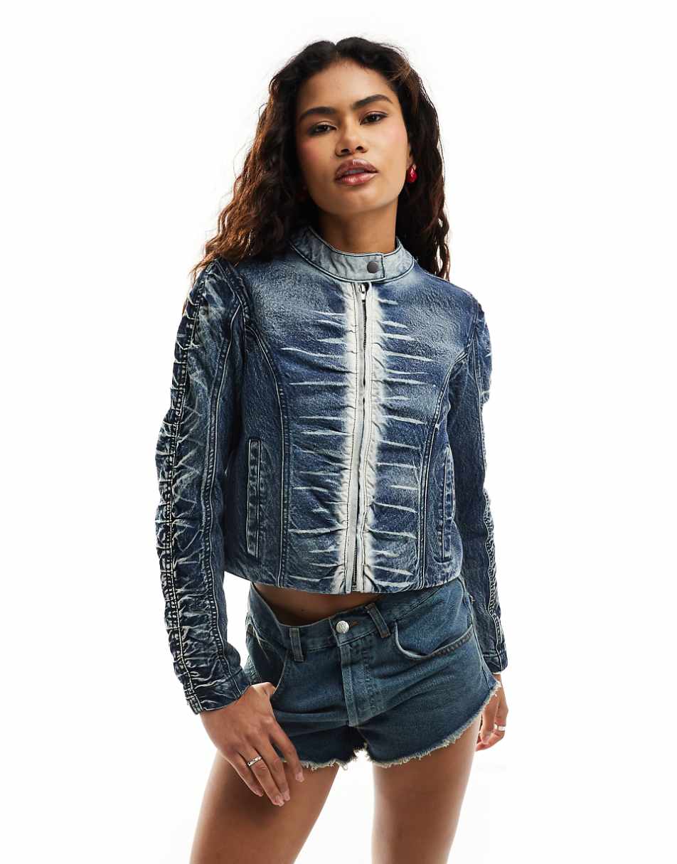 Reclaimed Vintage ruched denim moto jacket in washed blue