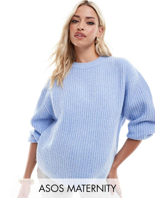 ASOS DESIGN Maternity chunky crew neck rib sweater in baby blue