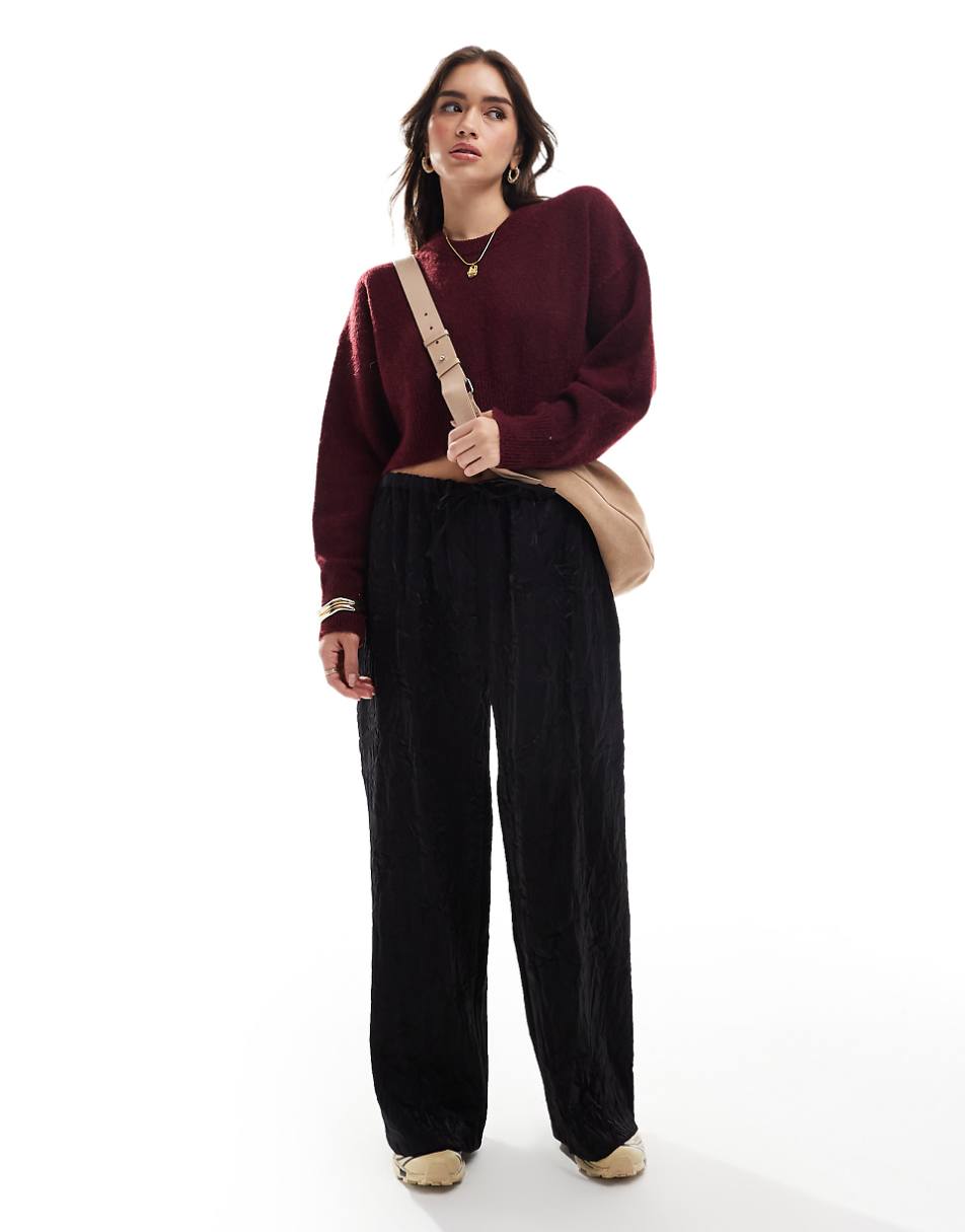 ASOS DESIGN crop crew neck sweater with split hemline in burgundy