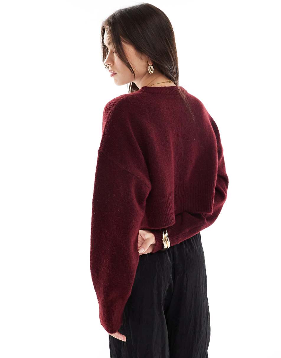 ASOS DESIGN crop crew neck sweater with split hemline in burgundy