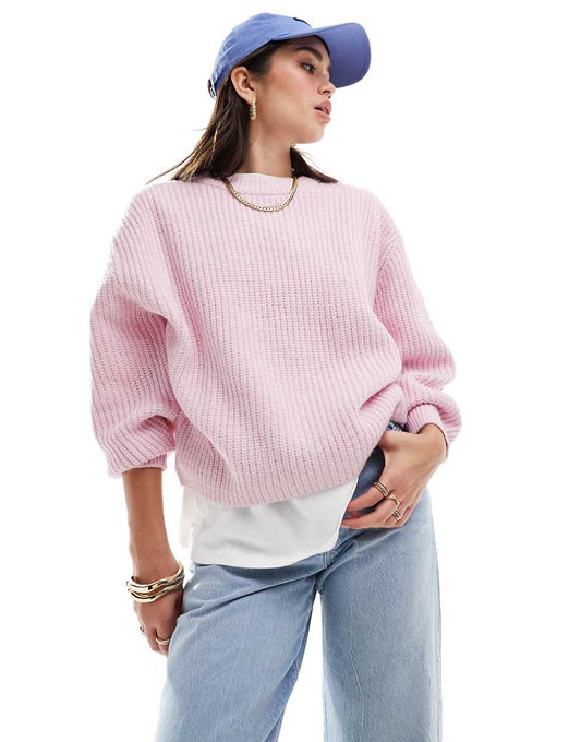 ASOS DESIGN chunky crew neck rib sweater in pink