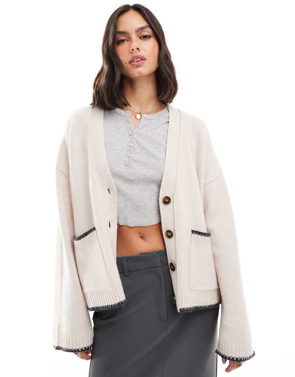 ASOS DESIGN boxy cardigan with v neck and pocket detail with contrast trim in oatmeal