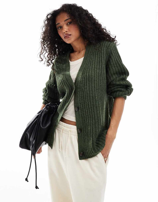 ASOS DESIGN fluffy rib cardigan with v neck in khaki