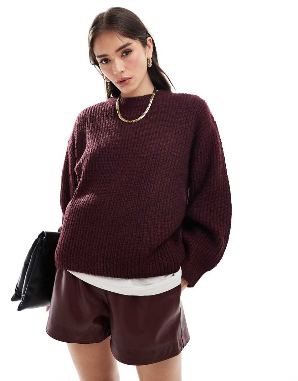 ASOS DESIGN chunky crew neck rib sweater in burgundy