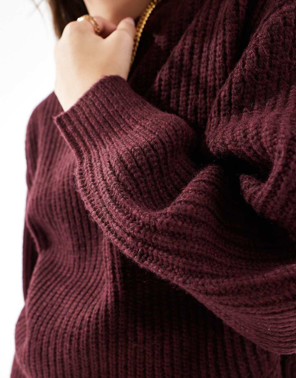 ASOS DESIGN chunky crew neck rib sweater in burgundy