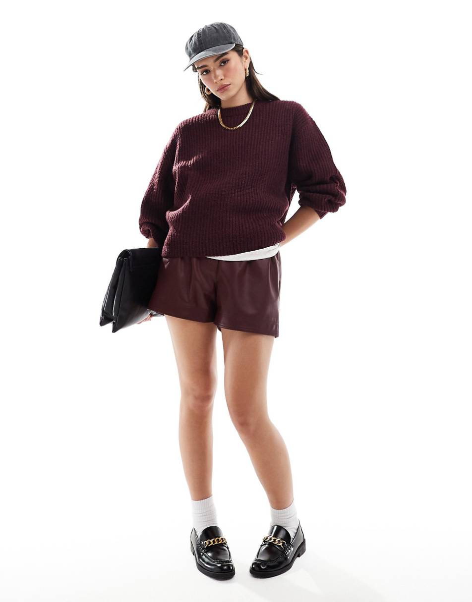 ASOS DESIGN chunky crew neck rib sweater in burgundy