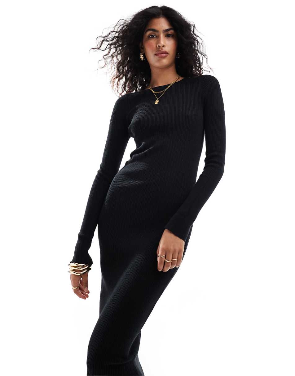 ASOS DESIGN knitted crew neck maxi dress with cuff splits in black -