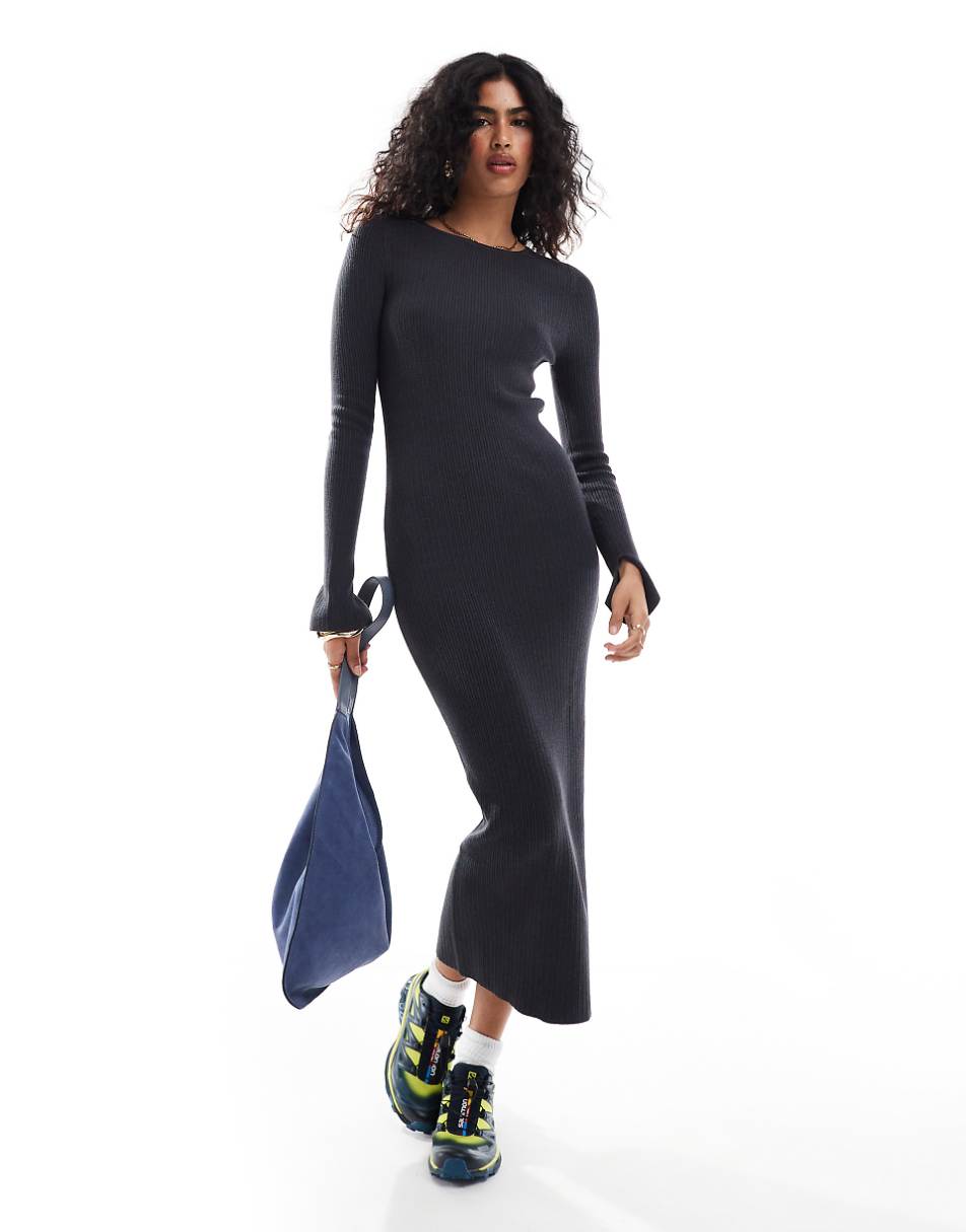 ASOS DESIGN knitted crew neck maxi dress with cuff splits in charcoal