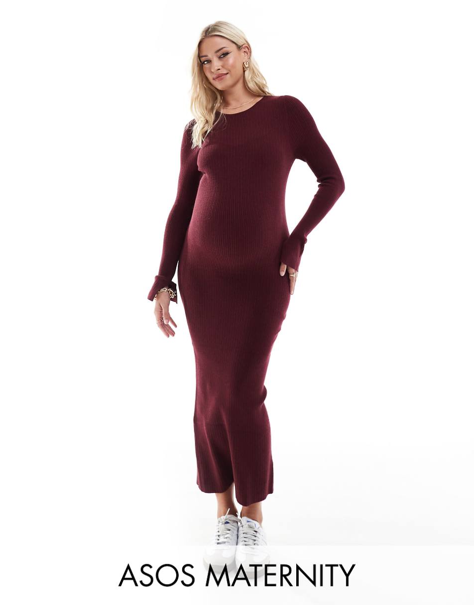 ASOS DESIGN Maternity knitted crew neck maxi dress with cuff splits in burgundy