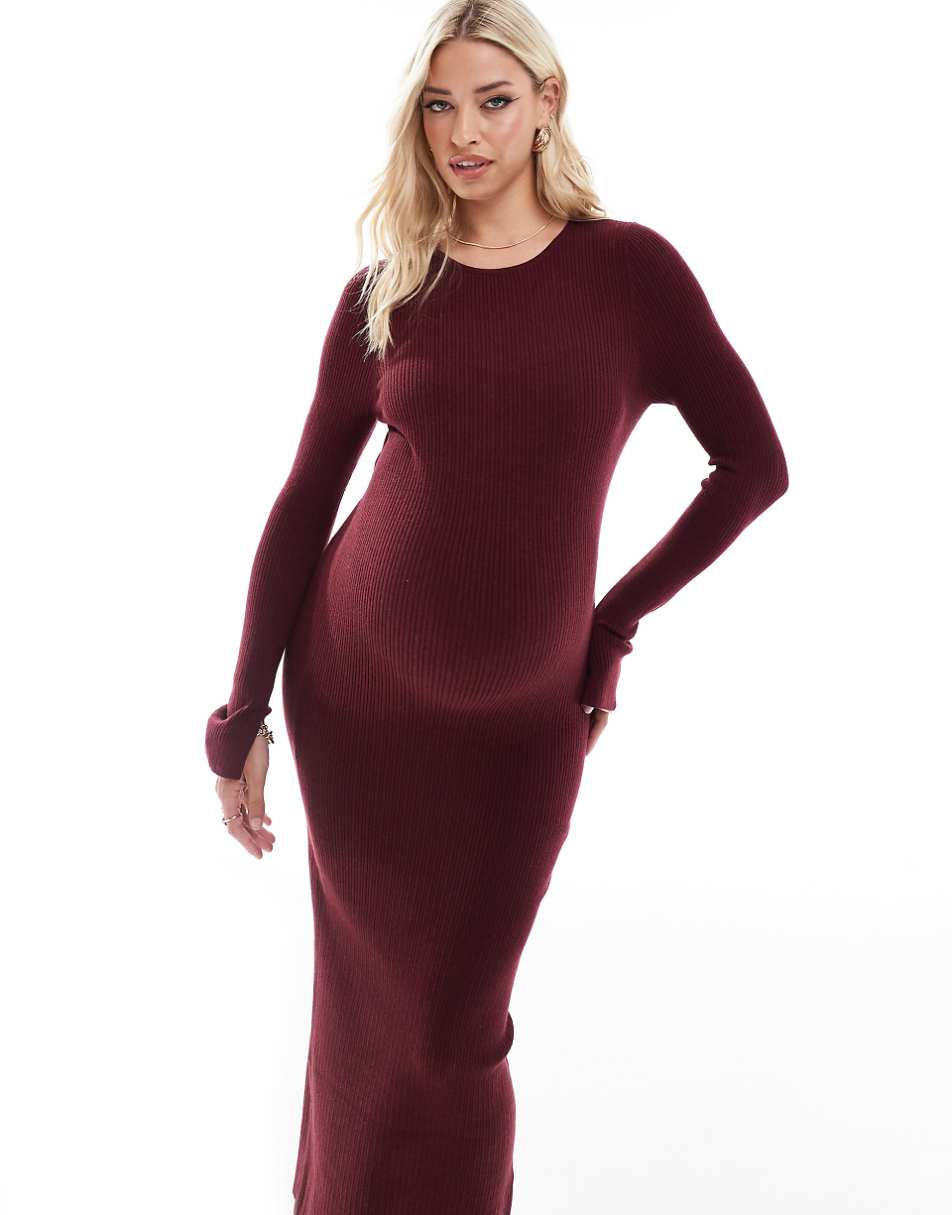 ASOS DESIGN Maternity knitted crew neck maxi dress with cuff splits in burgundy