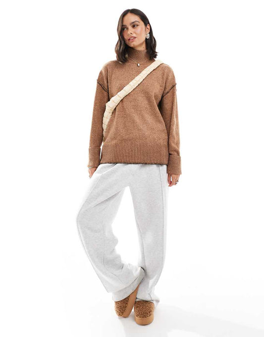 ASOS DESIGN knitted high neck sweater with turn back cuffs with contrast stitch in camel