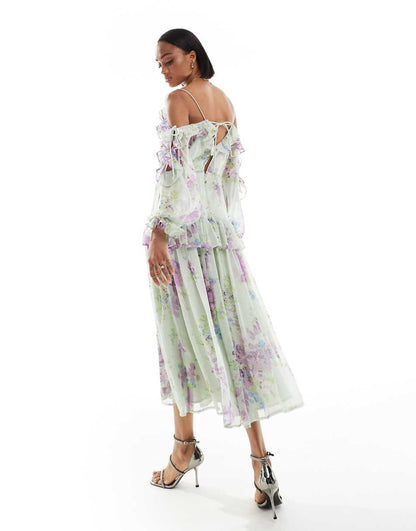 ASOS DESIGN Tall ruffle off shoulder midi dress in green floral print