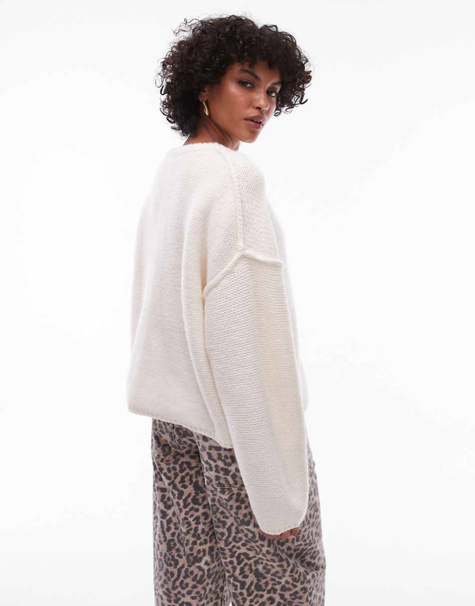 Topshop knit clean exposed seam crew relaxed cardigan in cream