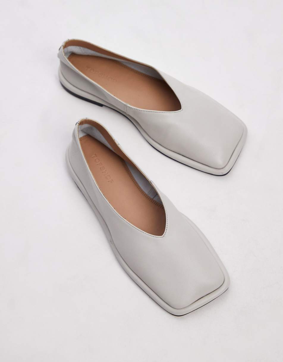 Topshop Charlotte leather square toe unlined flat shoes in off white