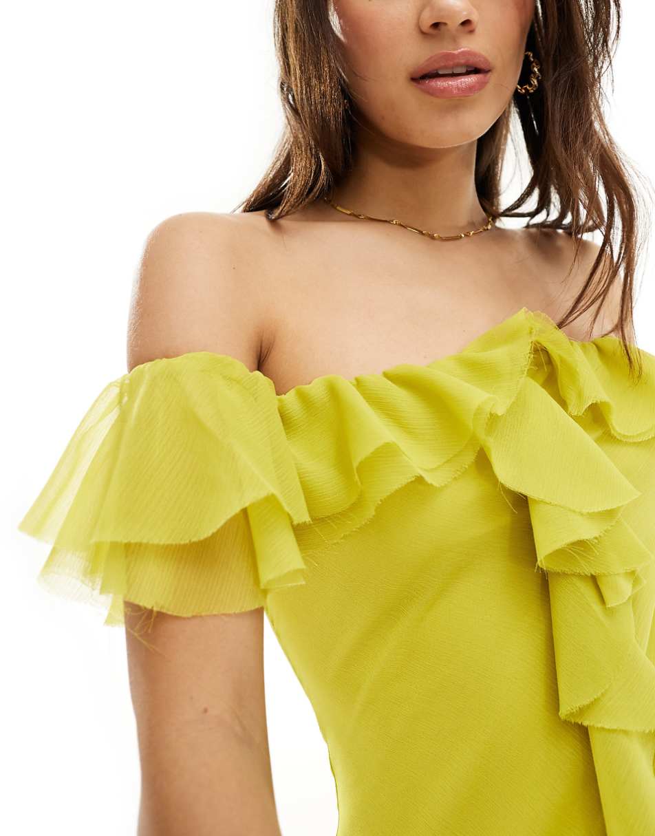 ASOS DESIGN frill bardot bias cut maxi dress in lime green