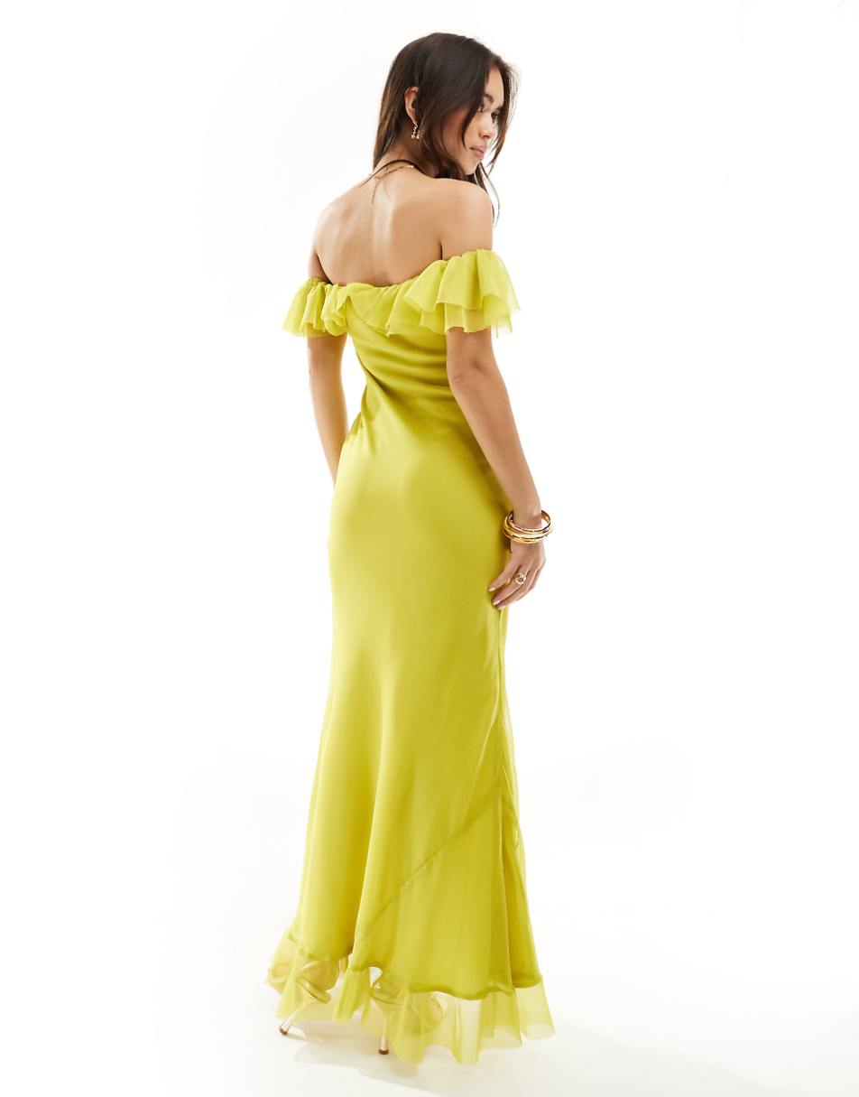 ASOS DESIGN frill bardot bias cut maxi dress in lime green