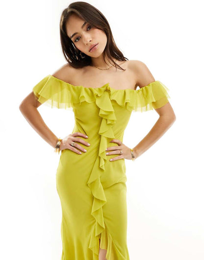 ASOS DESIGN frill bardot bias cut maxi dress in lime green