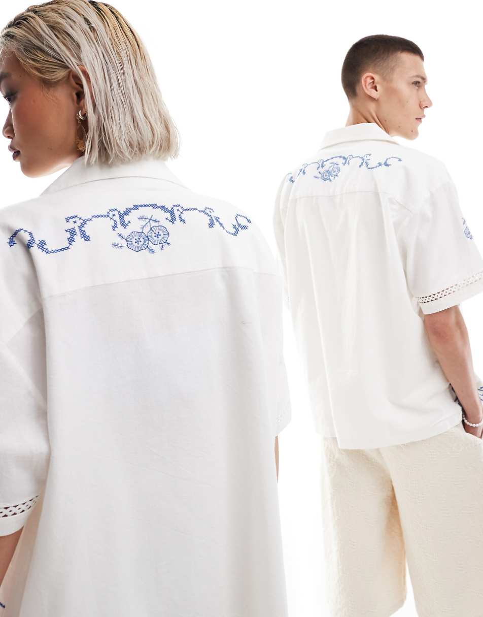 Reclaimed Vintage limited edition embroidered revere shirt with cutwork detail