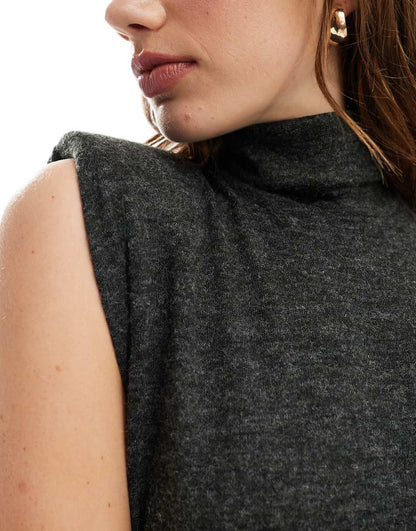 ASOS DESIGN supersoft turtle neck maxi dress with shoulder pads in charcoal