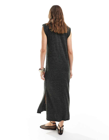 ASOS DESIGN supersoft turtle neck maxi dress with shoulder pads in charcoal