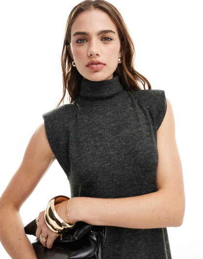 ASOS DESIGN supersoft turtle neck maxi dress with shoulder pads in charcoal