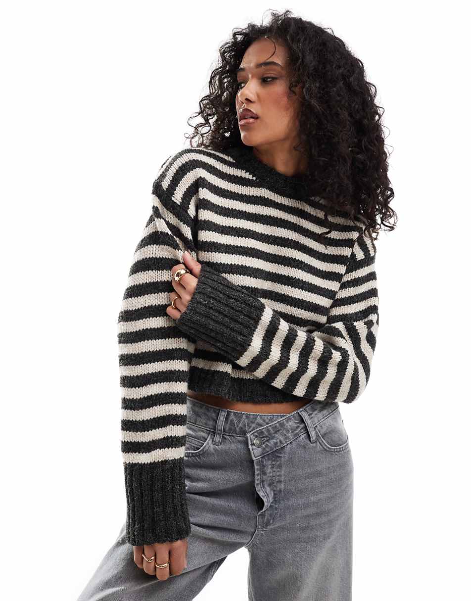 ASOS DESIGN crew neck sweater with chunky trims in gray stripe