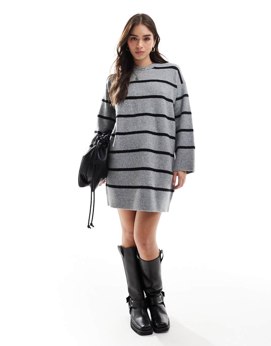 ASOS DESIGN crew neck mini dress with wide cuff in gray stripe