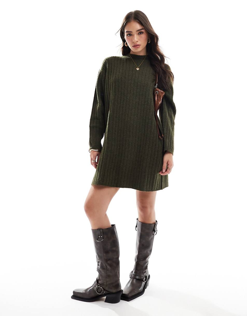 ASOS DESIGN crew neck mini dress with wide cuff in khaki