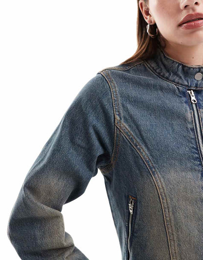 COLLUSION festival denim moto jacket in midwash blue