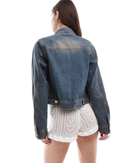 COLLUSION festival denim moto jacket in midwash blue