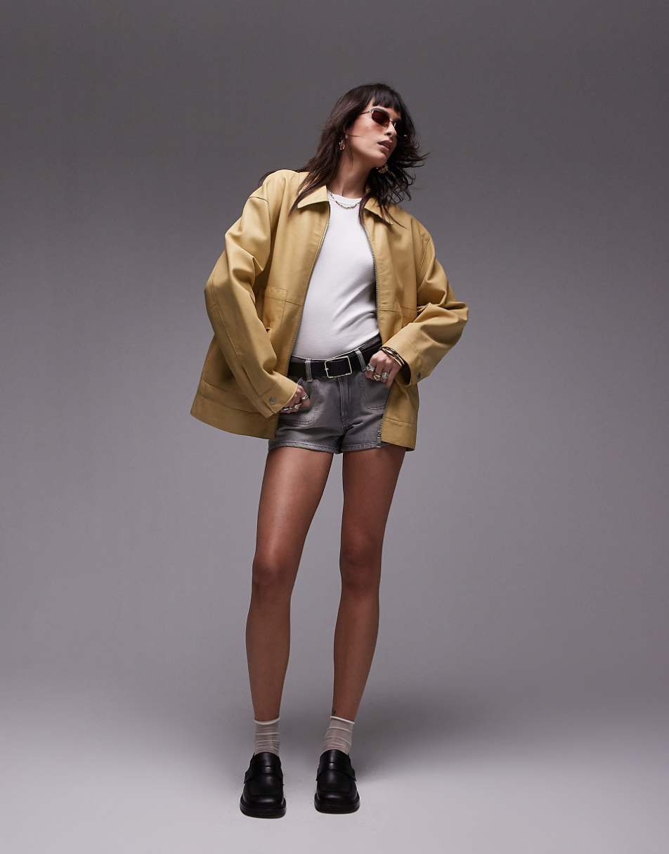 Topshop premium real leather harrington jacket in yellow