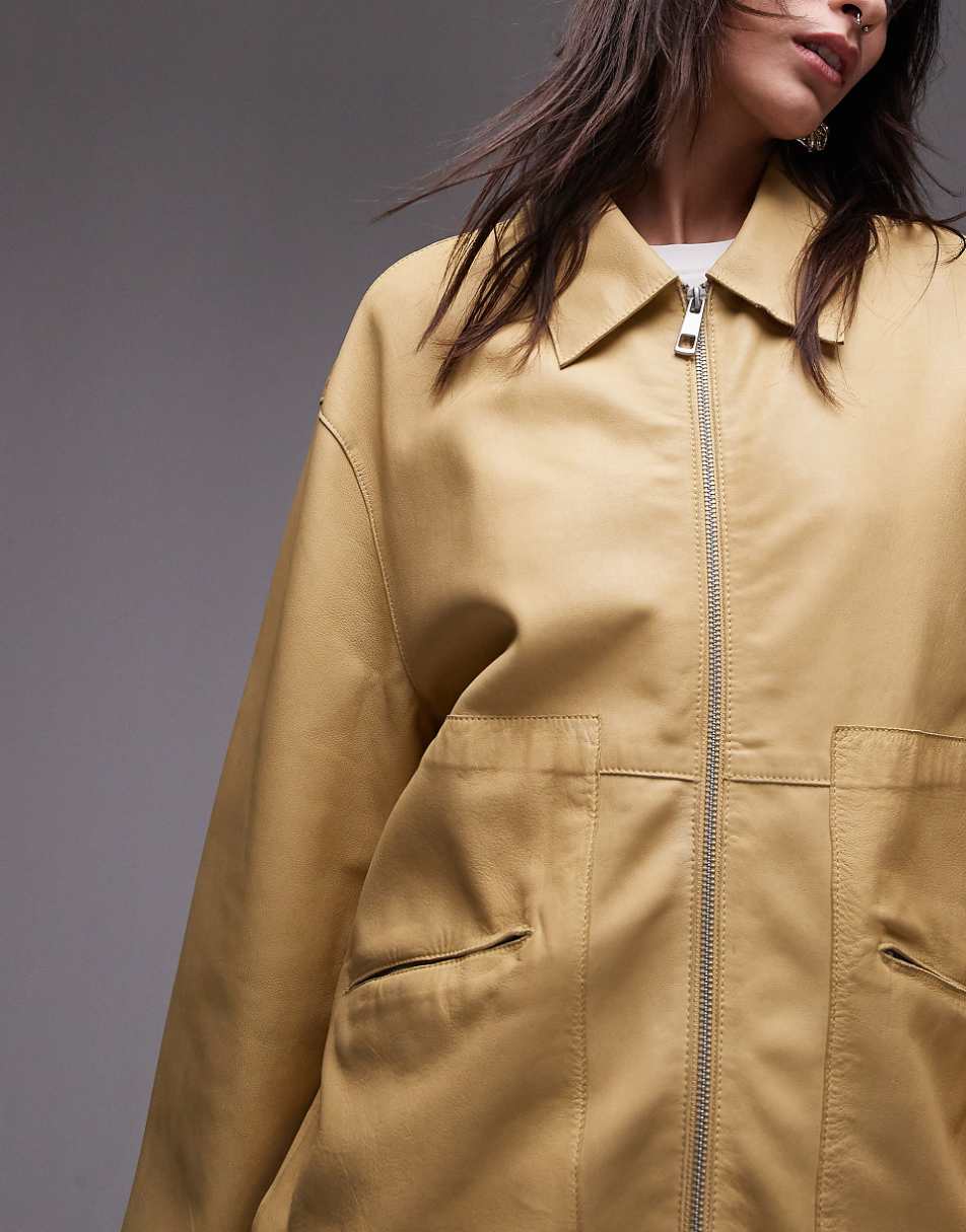 Topshop premium real leather harrington jacket in yellow