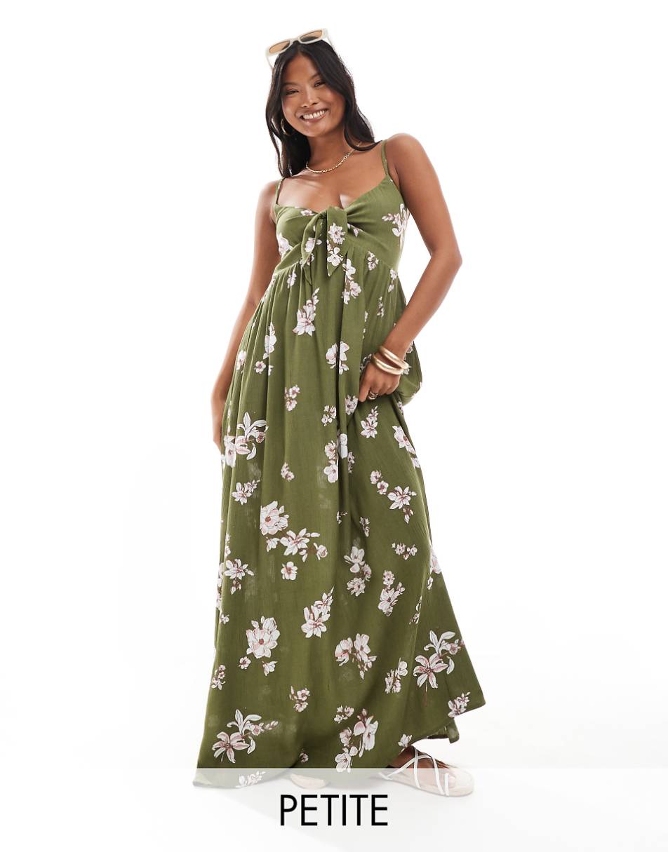 JDY Petite tie front maxi dress in khaki floral